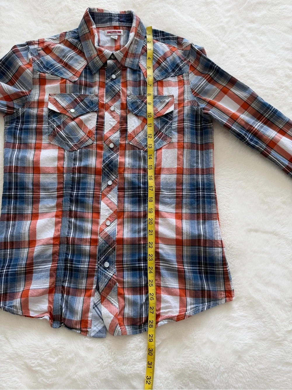 True Religion Men’s Orange and Blue Plaid Button Down Shirt